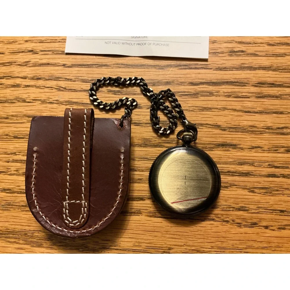 Tg New Disney Mickey Mouse Pocket Watch w/Leather Case & original box bronze